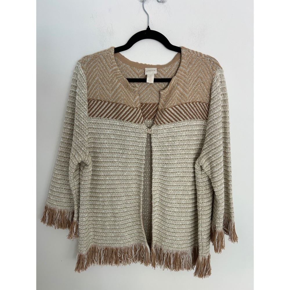 Chicos Metallic Knit Fringe Cardigan Tan Gold Chevron Open Front Sweater Sz 3 XL